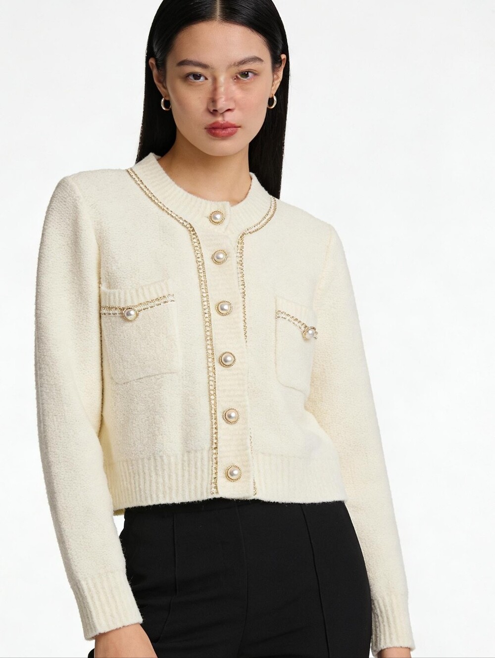 URBAN REVIVO Womens Sweater Cardigan Cream Gold Pearl Buttons XS / 2